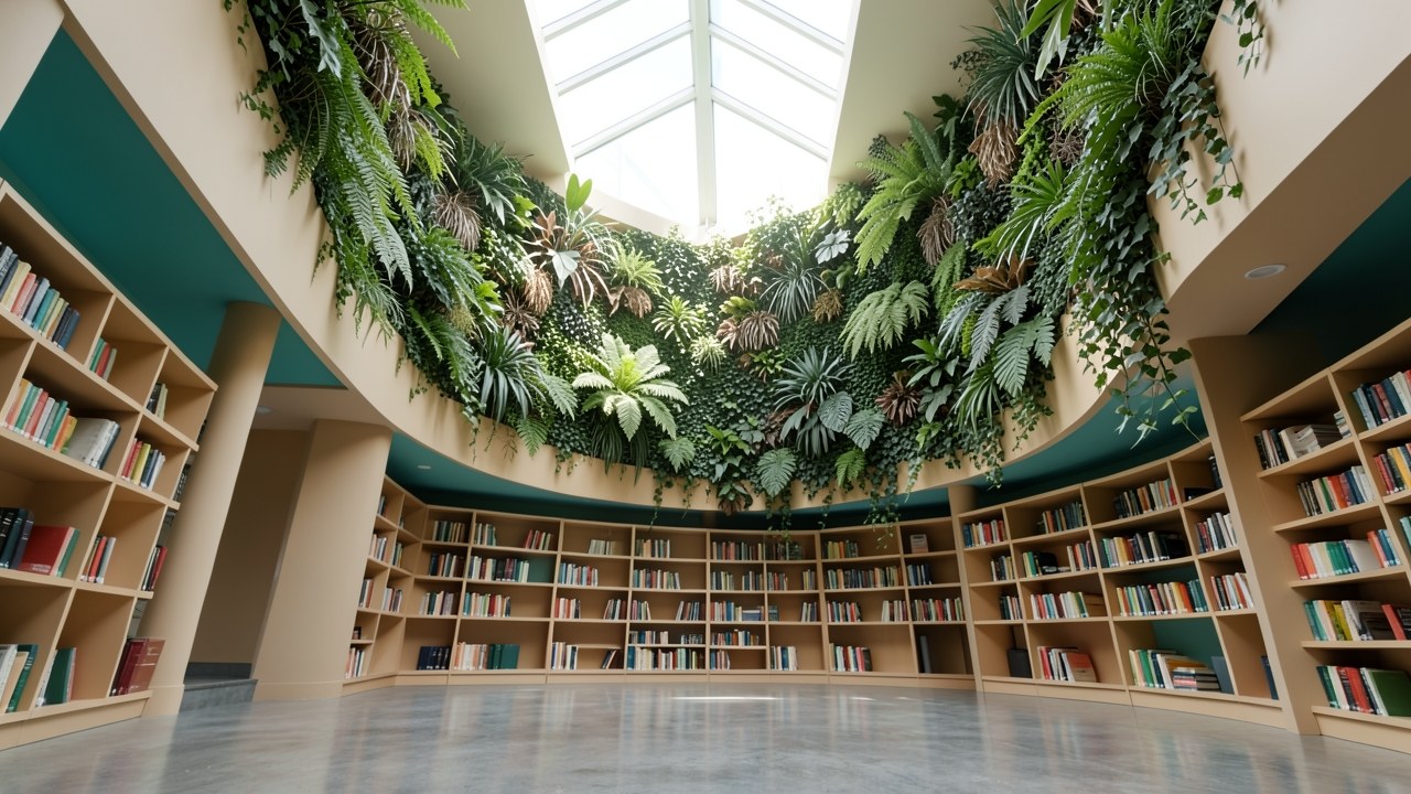A modern library atrium with a large, curved wall covered in green plants, seen from a low angle.
