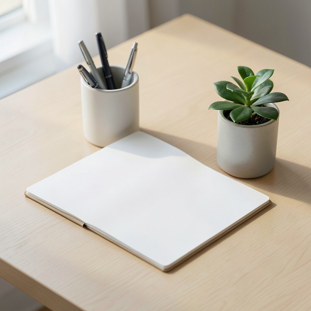 A close-up of a wooden desk with a cup of pens and an open notebook.