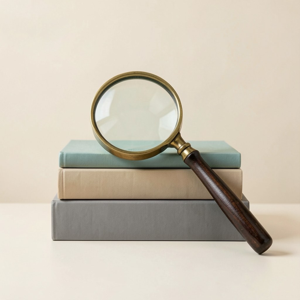 A stack of books with a magnifying glass on top