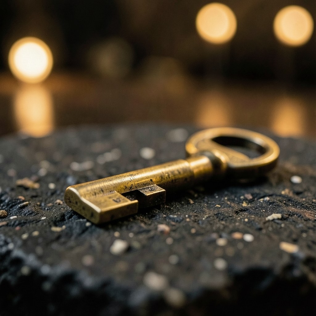 A house key on a table with a blurred background