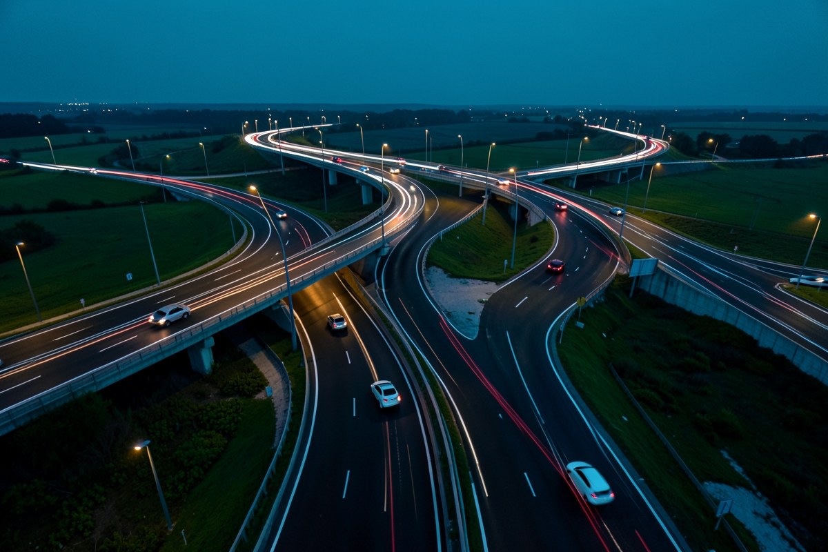 An aerial view of merging highways