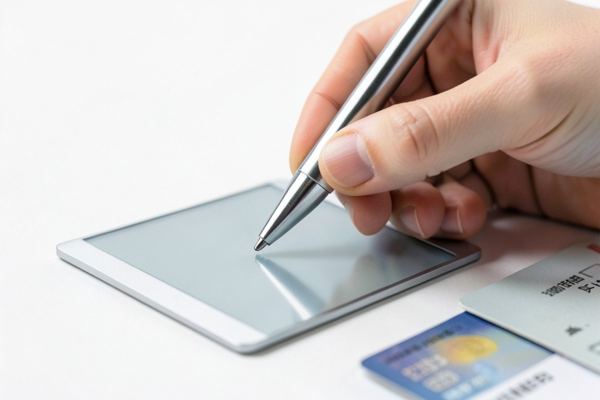 A hand signing a contract next to a bank card