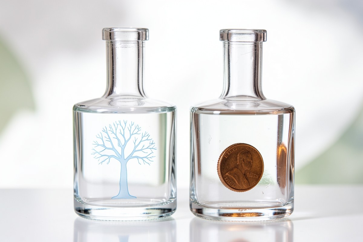 Two similarly shaped bottles with different colored labels